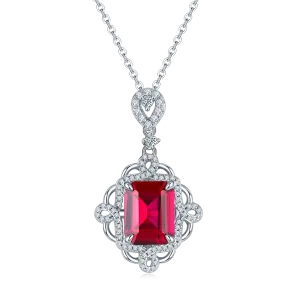 4.23 Carat Rectangular Lab Created Ruby with Elegant Rhombus Lace S925 Silver Plated Platinum Necklace