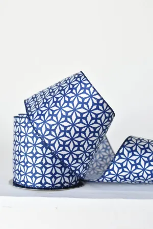 4" x 10yd Blue   White Geometric Pattern Wired Ribbon