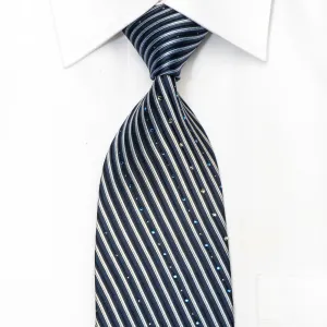 Aquascutum Men's Rhinestone Silk Tie Striped On Blue With Silver Sparkles