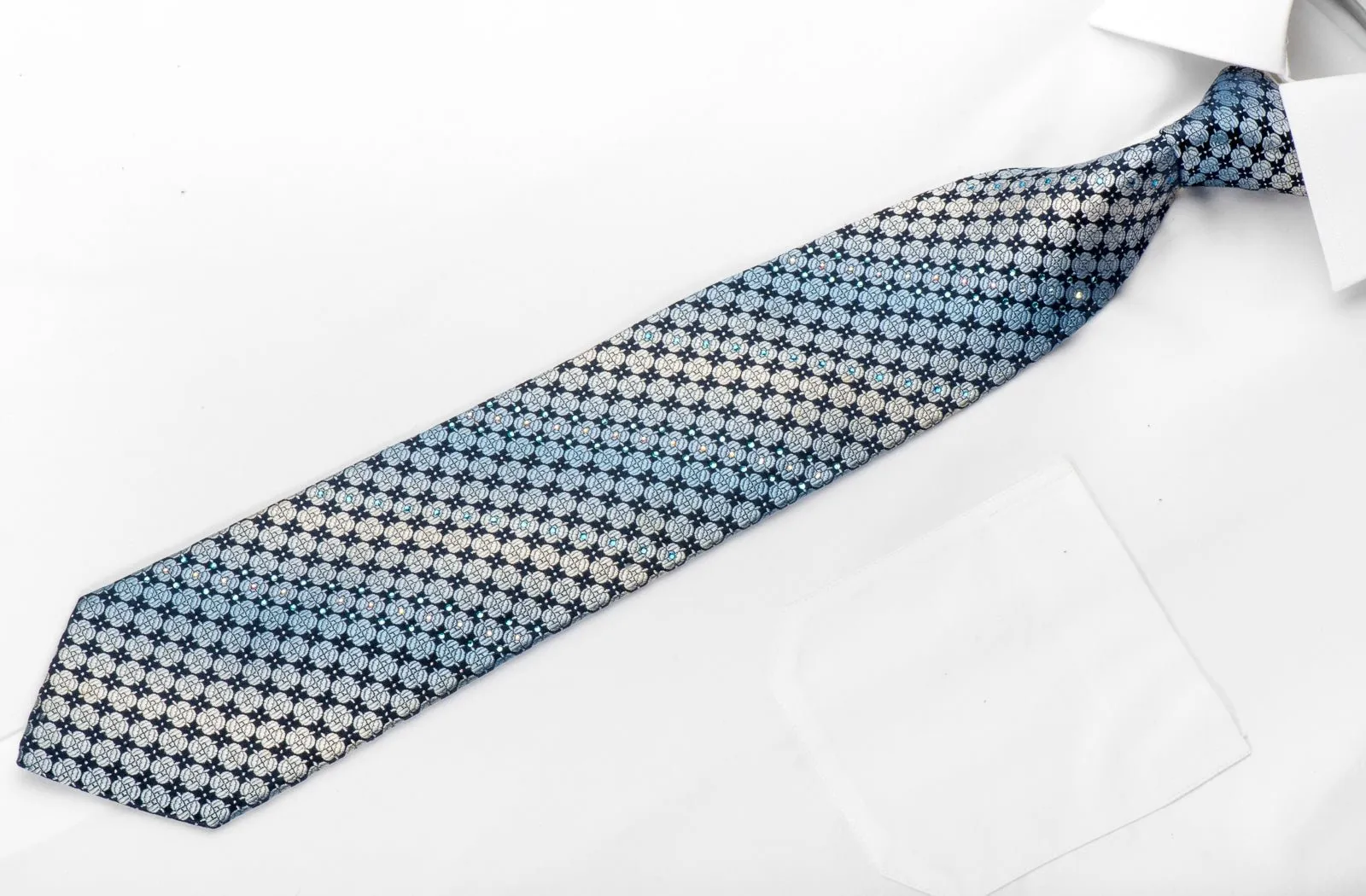 Aquascutum Mens Rhinestone Tie Foulard On Blue With Silver Sparkles