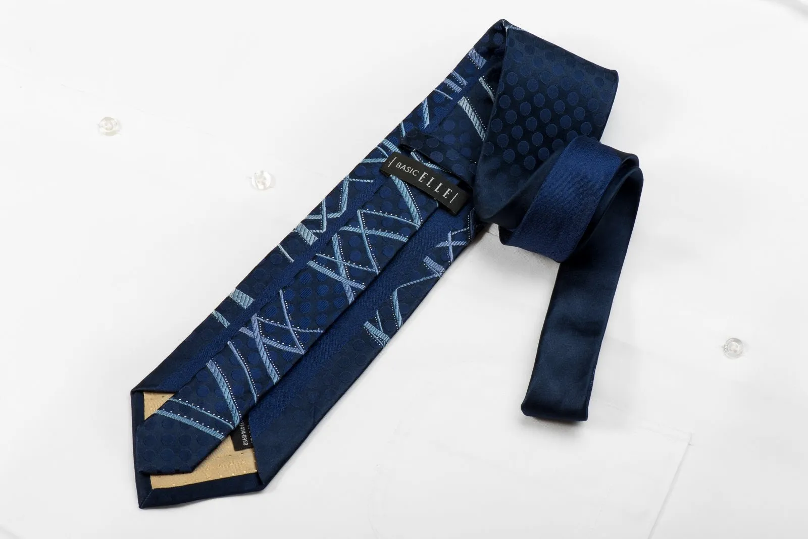 Basic Elle Men's Crystal Silk Necktie Waves On Blue With Silver Sparkles