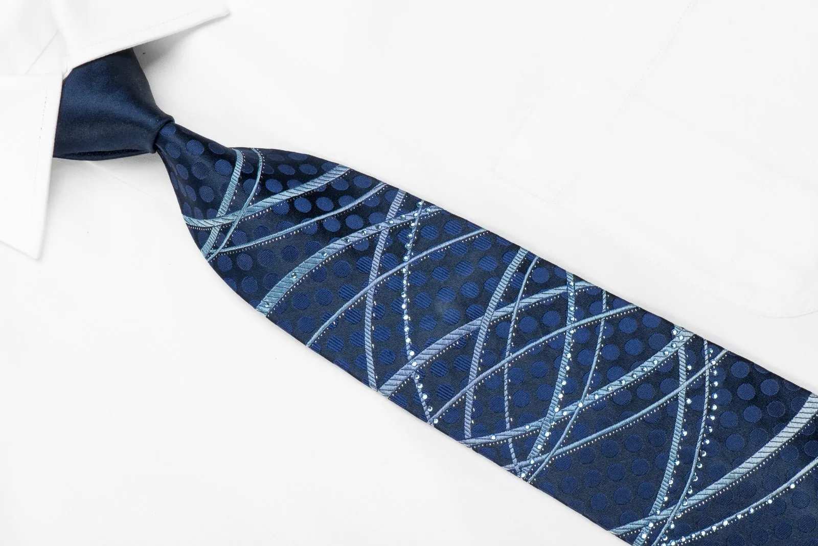 Basic Elle Men's Crystal Silk Necktie Waves On Blue With Silver Sparkles