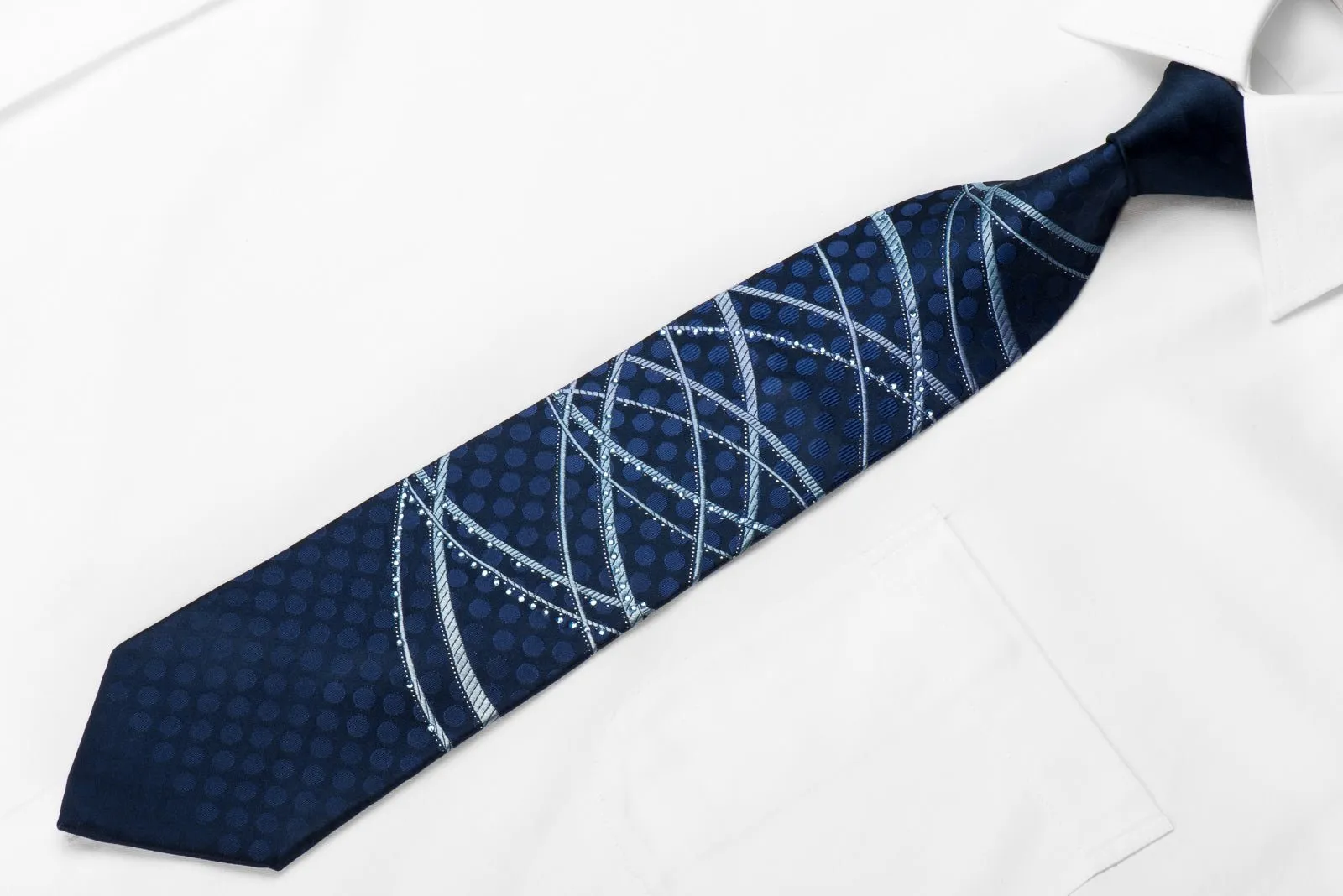 Basic Elle Men's Crystal Silk Necktie Waves On Blue With Silver Sparkles