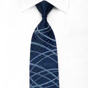 Basic Elle Men's Crystal Silk Necktie Waves On Blue With Silver Sparkles