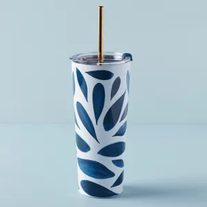 Blue Bay Leaf Stainless Steel Tumbler With Straw