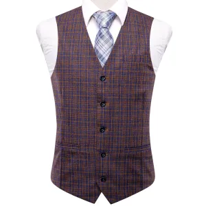 Blue Golden Plaid Wool Men's Single Vest Waistcoat