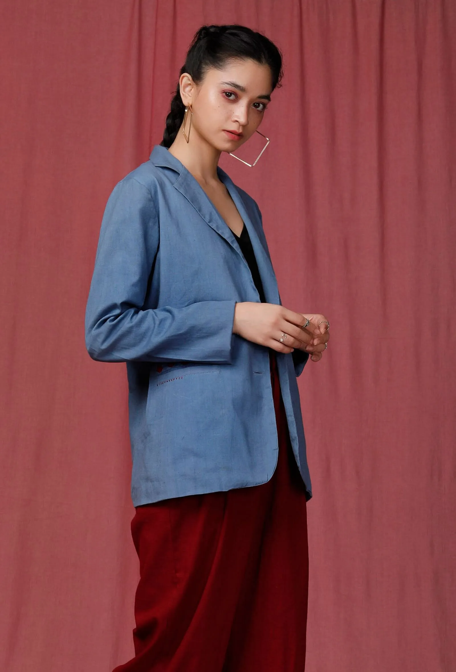 Blue Notched Linen Overcoat