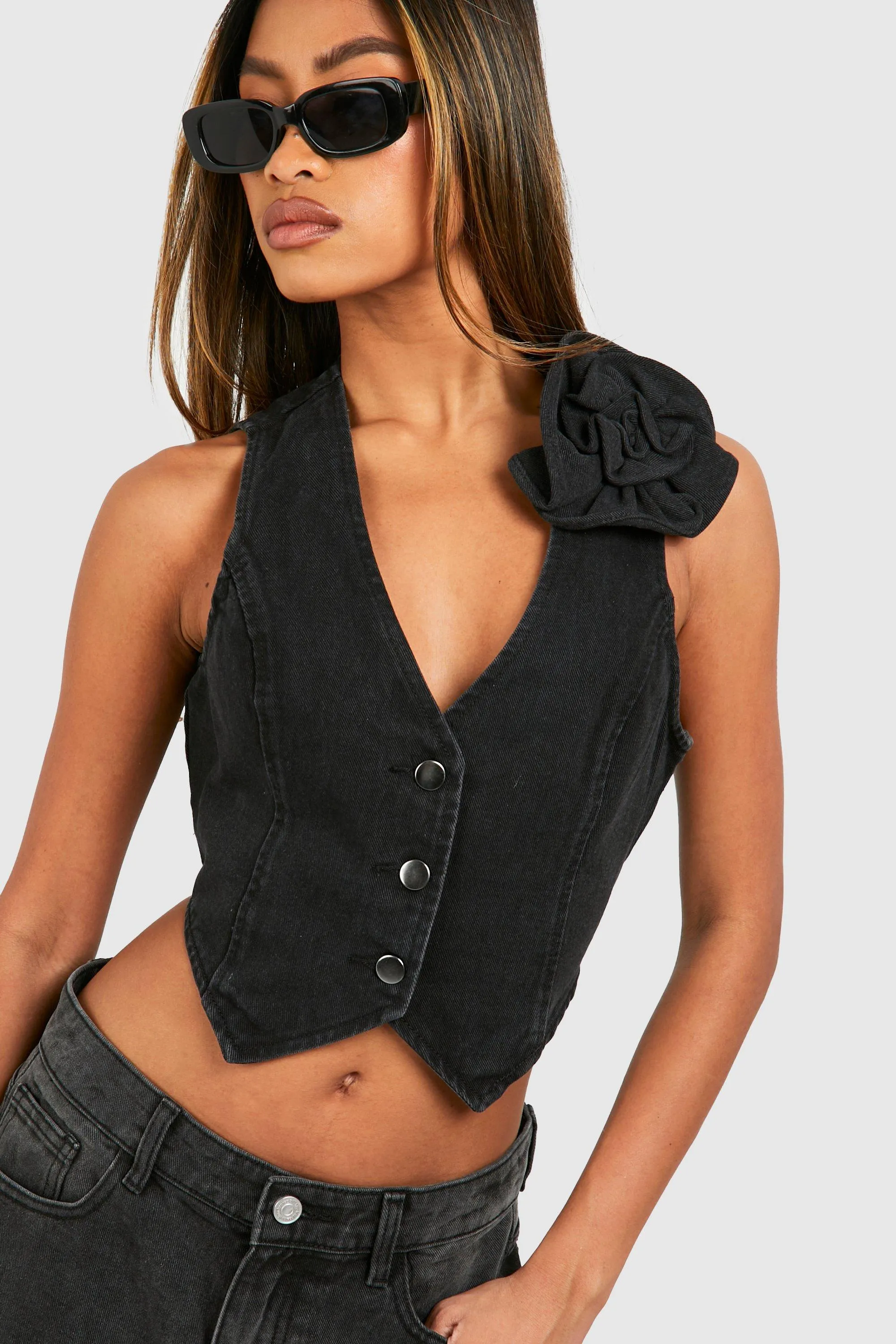 Boohoo Pink Bodice Denim Vest, Black