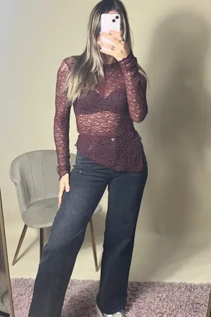 Burgundy Long Sleeve Sheer Floral Lace Top