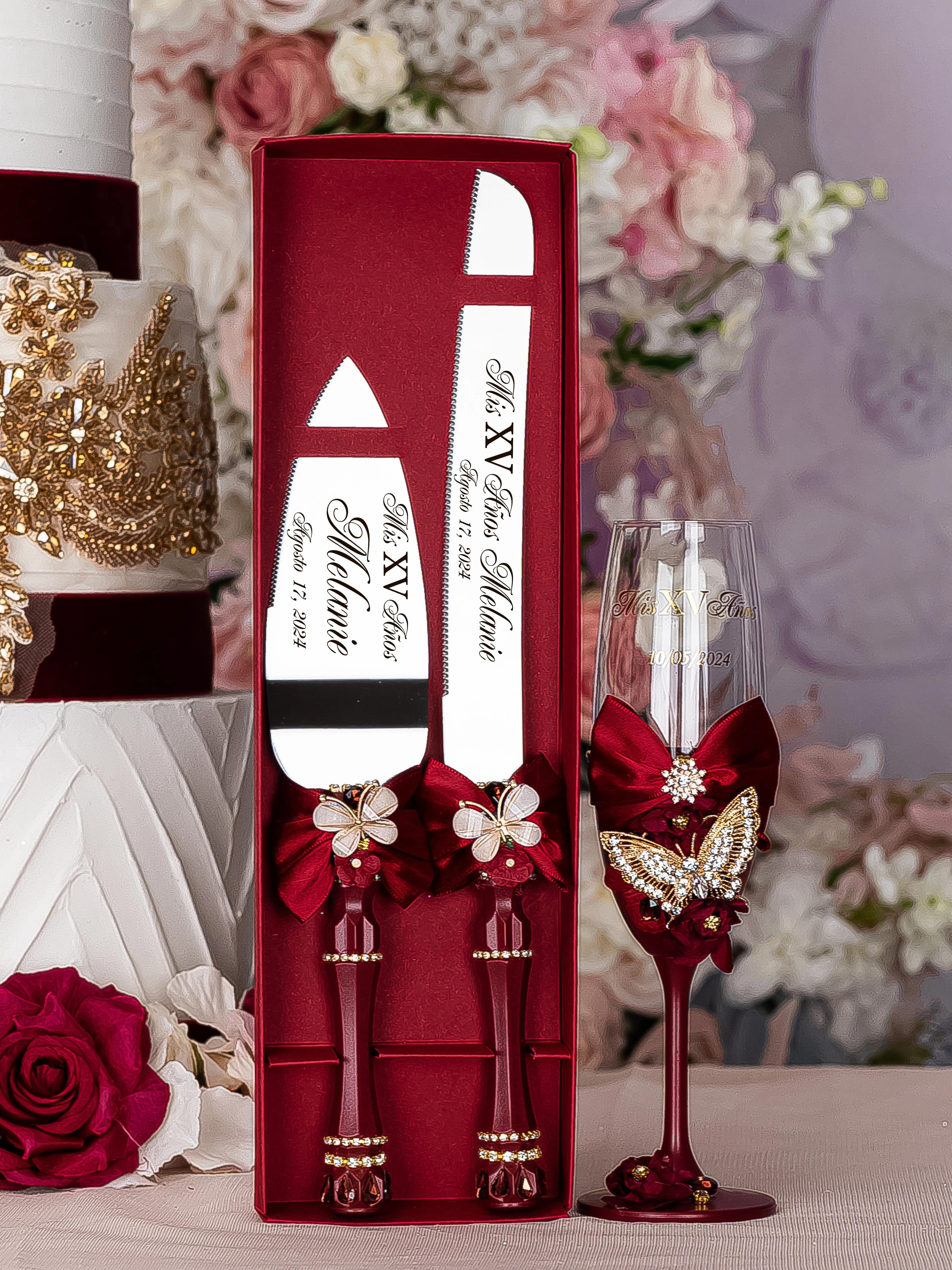 Burgundy with butterflies Quinceanera cake knife and server