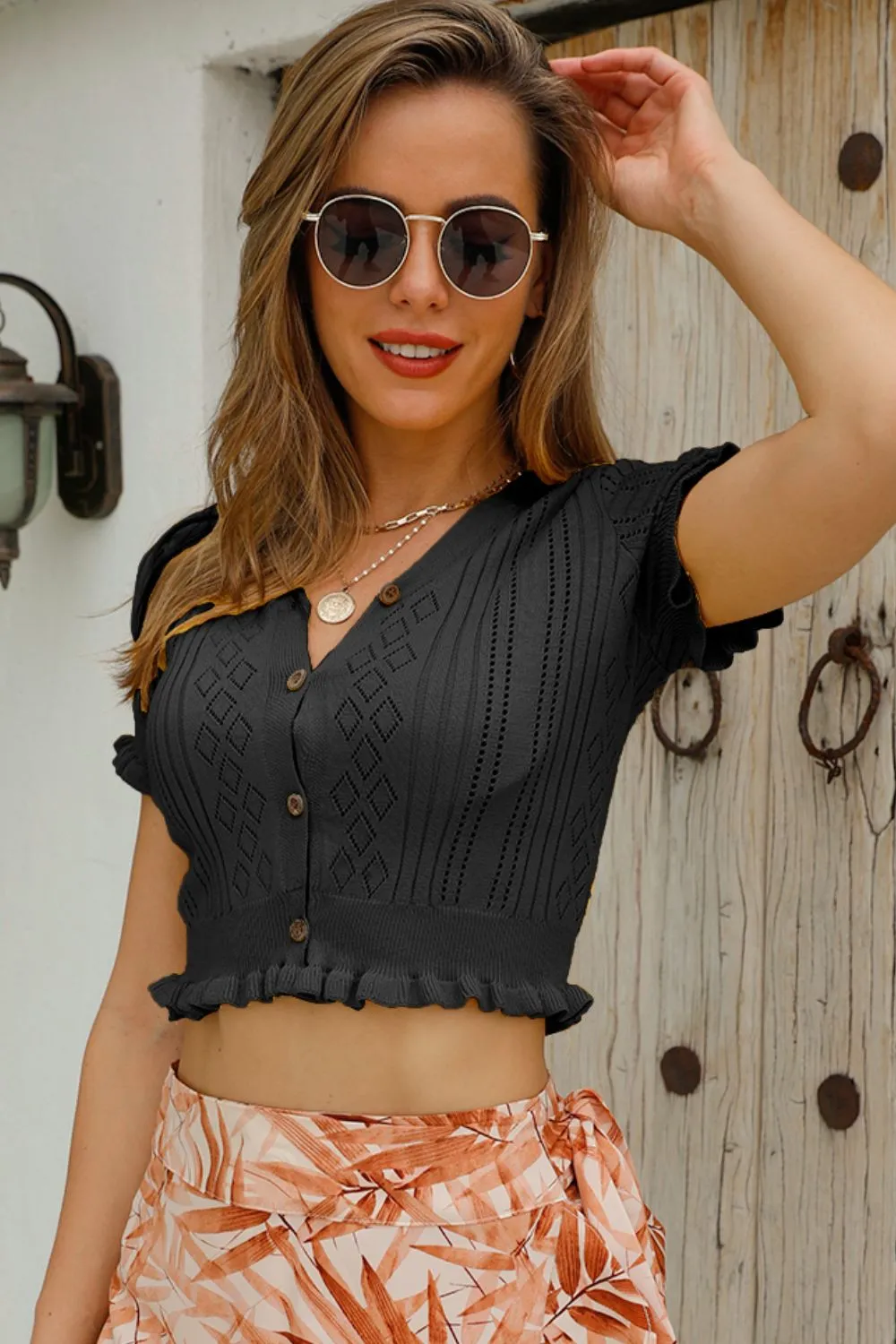 Buttoned Frill Hem Cropped Knit Top - 7 colors