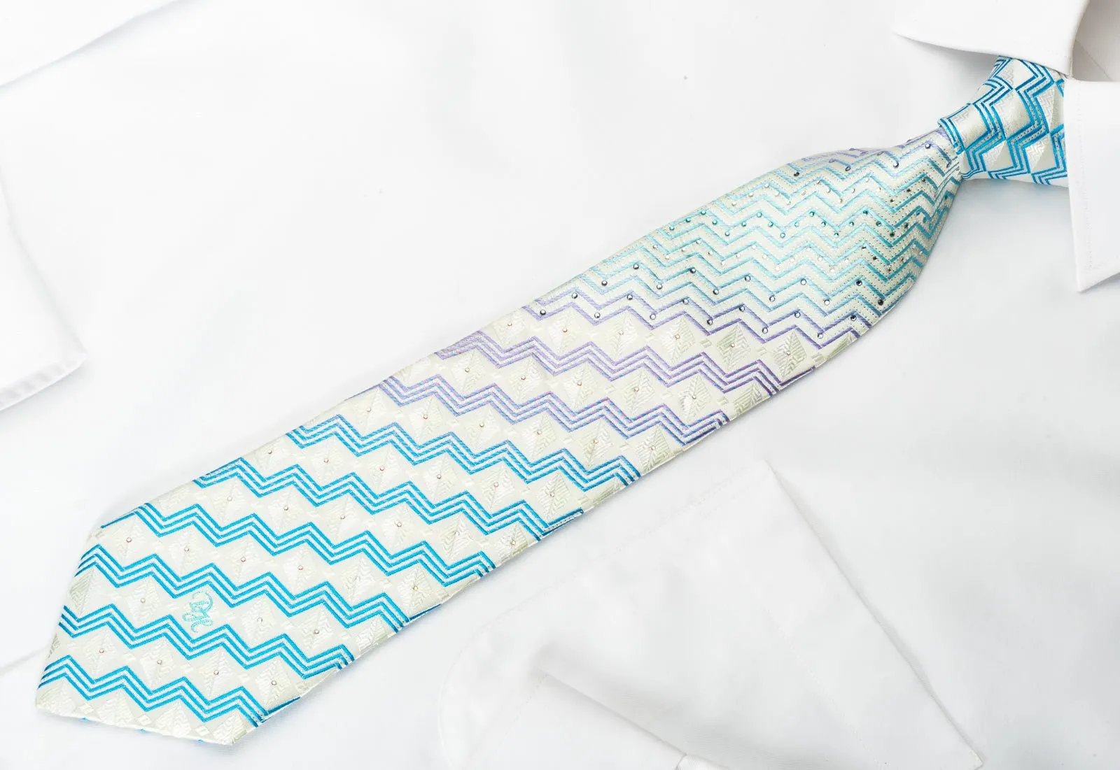 Daniel Hechter Silk Rhinestone Necktie Blue Purple Zigzags On White With Sparkles