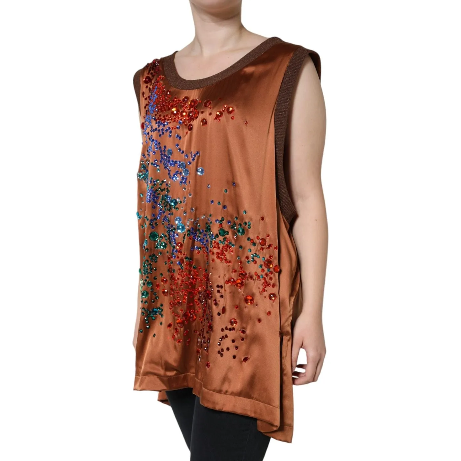 Dolce & Gabbana Brown Crystal Embellished Sleeveless Tank Top