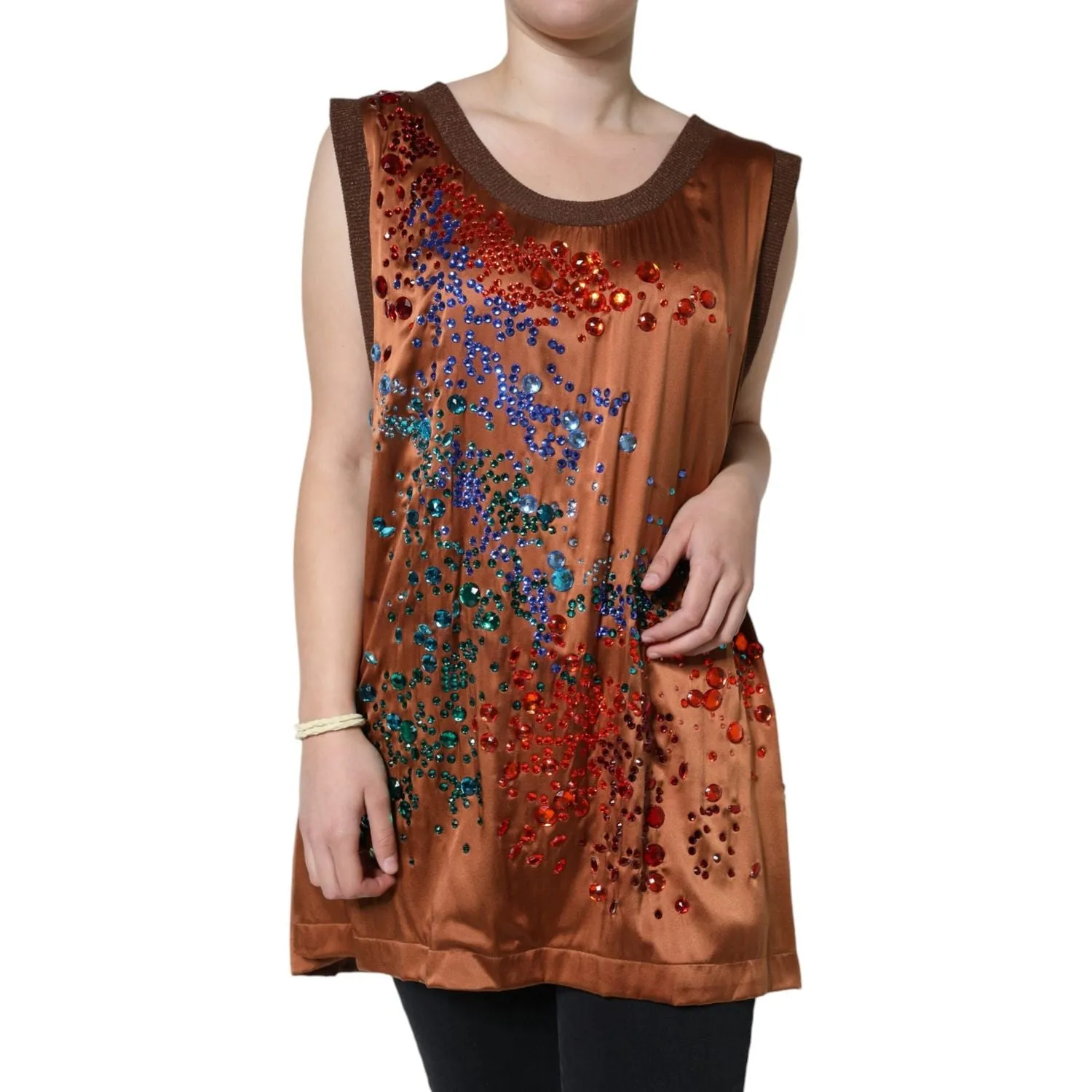 Dolce & Gabbana Brown Crystal Embellished Sleeveless Tank Top