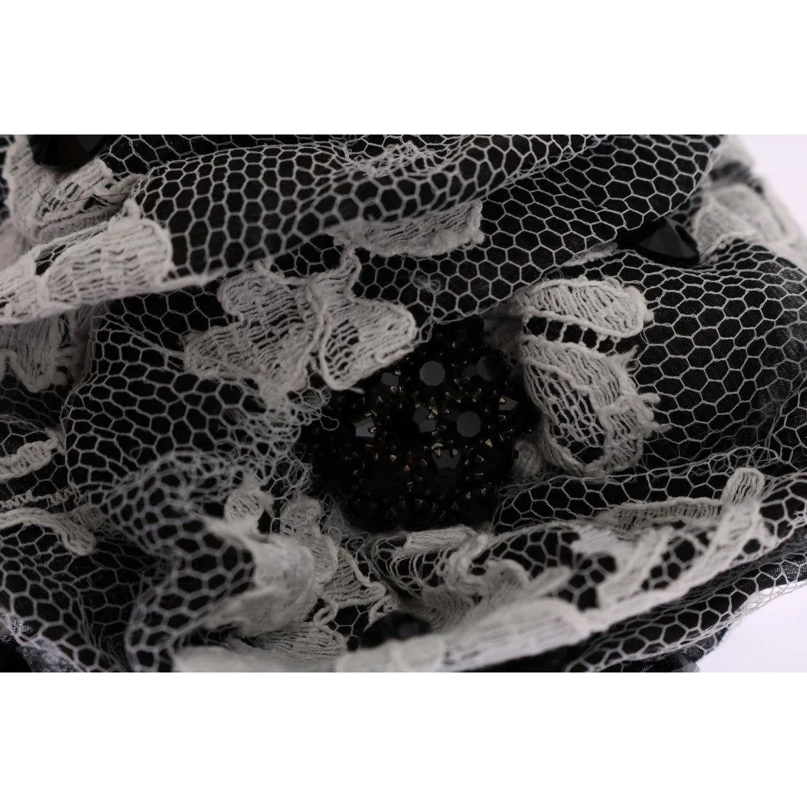 Dolce & Gabbana Elegant Black & White Floral Lace Crystal Hair Claw