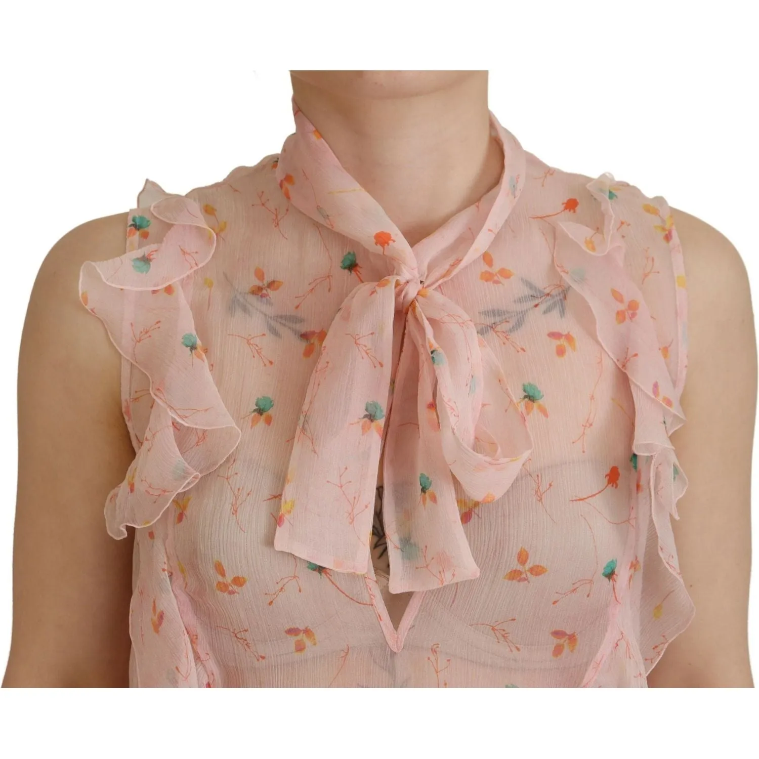 Dsquared² Pink Floral Print Silk Sleeveless Ascot Collar Top