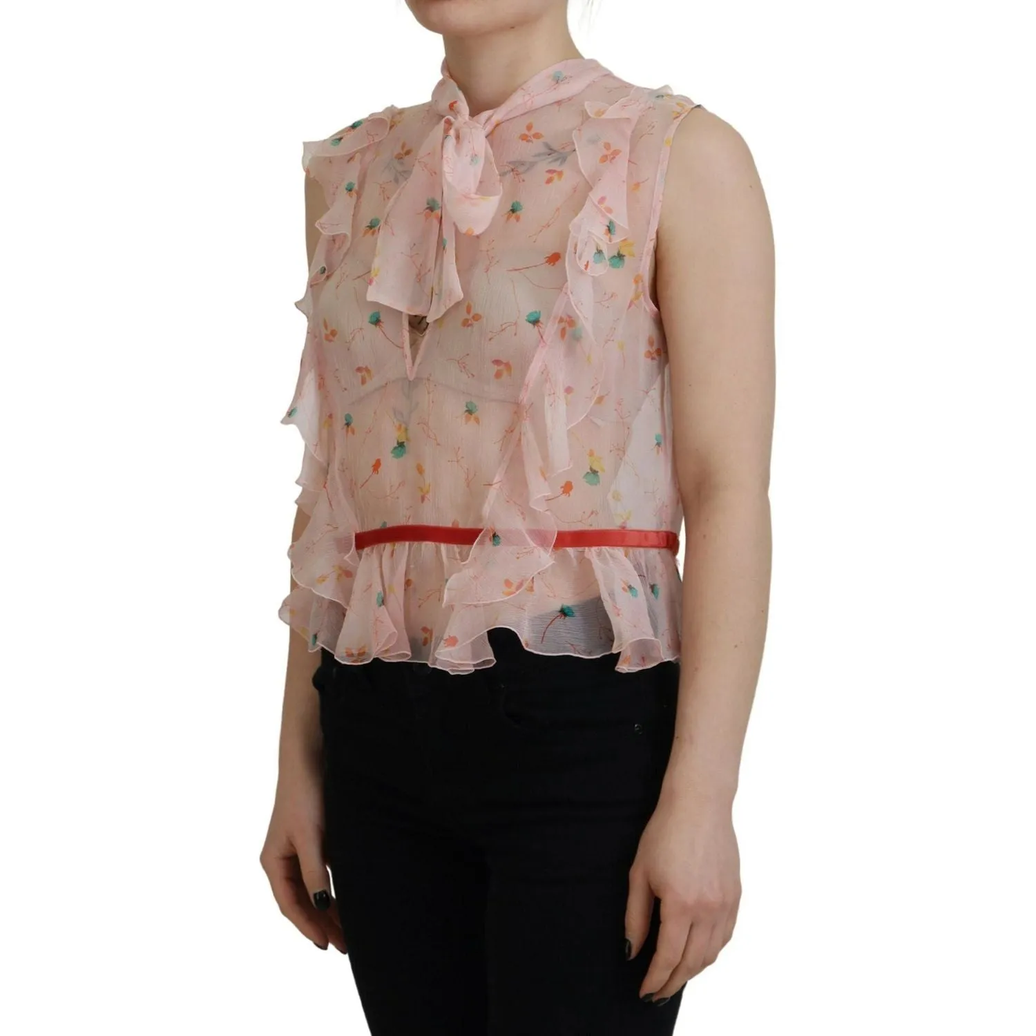 Dsquared² Pink Floral Print Silk Sleeveless Ascot Collar Top