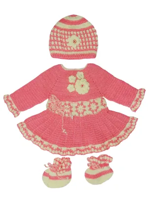 Full Sleeve Crochet Design Graminarts Elegant Frock For Baby Girl With Cap- Plumeria & Cream