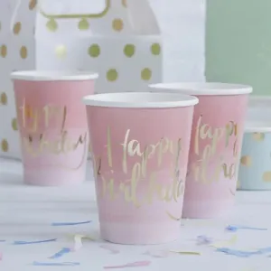 Ginger Ray Pink Ombre Happy Birthday Cups - 8 Pkt