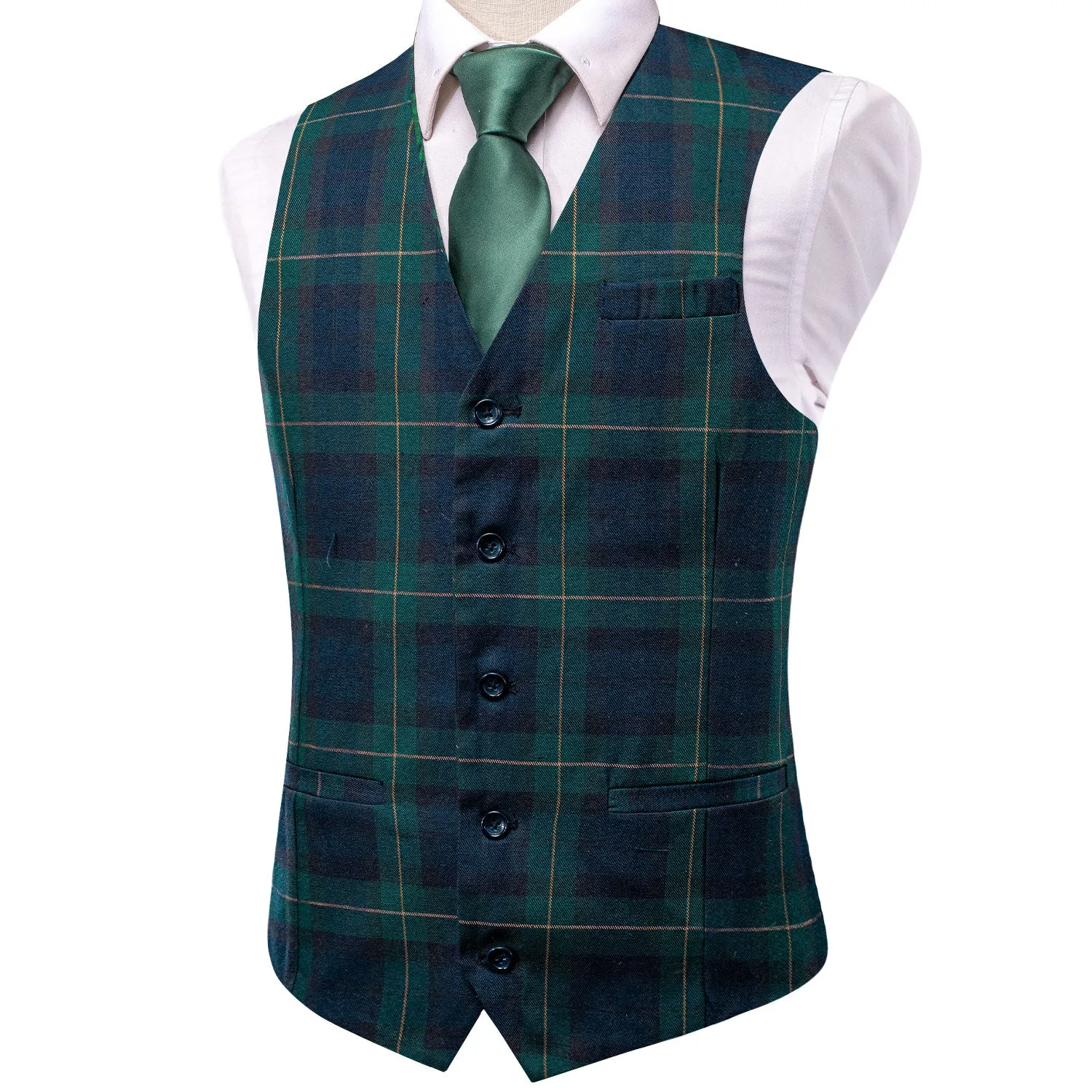 Green Blue Yellow Plaid Silk England Style Men's Single Vest Waistcoat