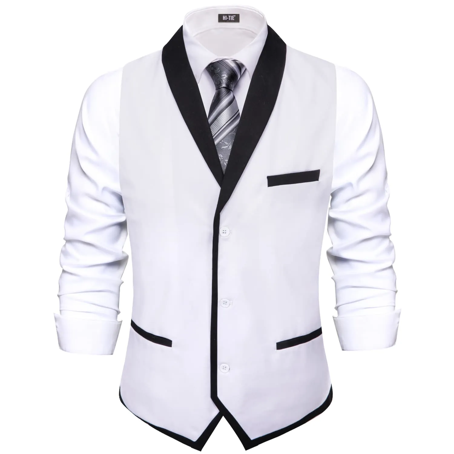 Hi-Tie Black Shawl Collar White Solid Waistcoat Formal Vests for Business