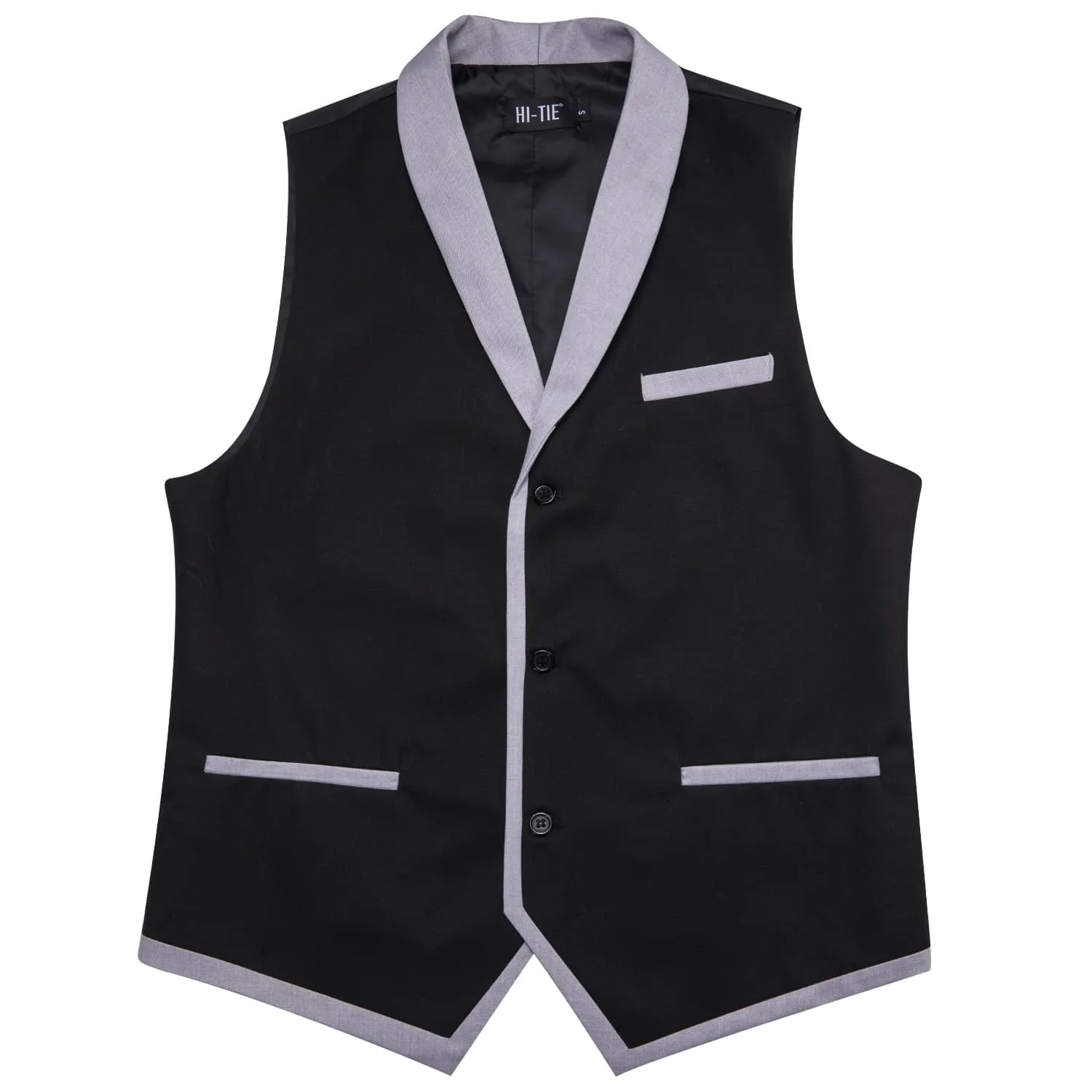 Hi-Tie Grey Shawl Collar Black Solid Waistcoat Formal Vests for Business