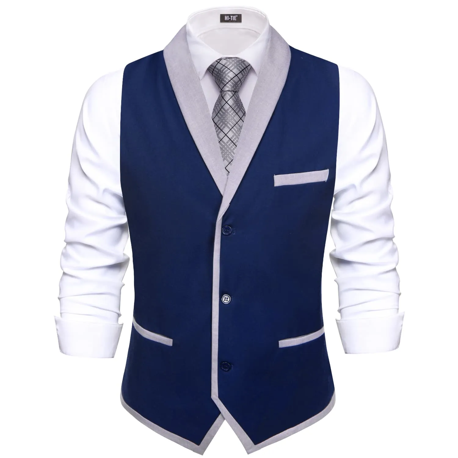 Hi-Tie LightGrey Shawl Collar Dark Blue Solid Waistcoat Formal Vests for Business