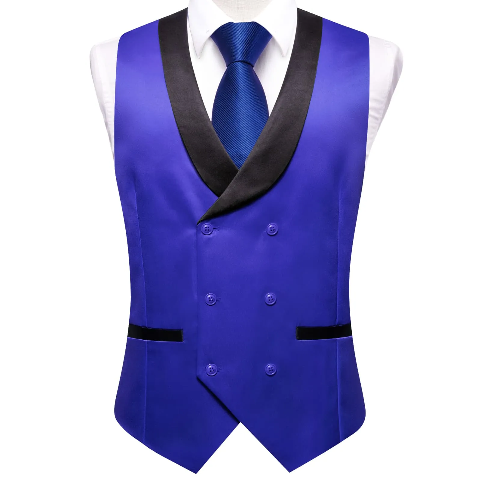 Hi-Tie Men Vest Klein Blue Double Breasted Black Shawl Lapel Waistcoat