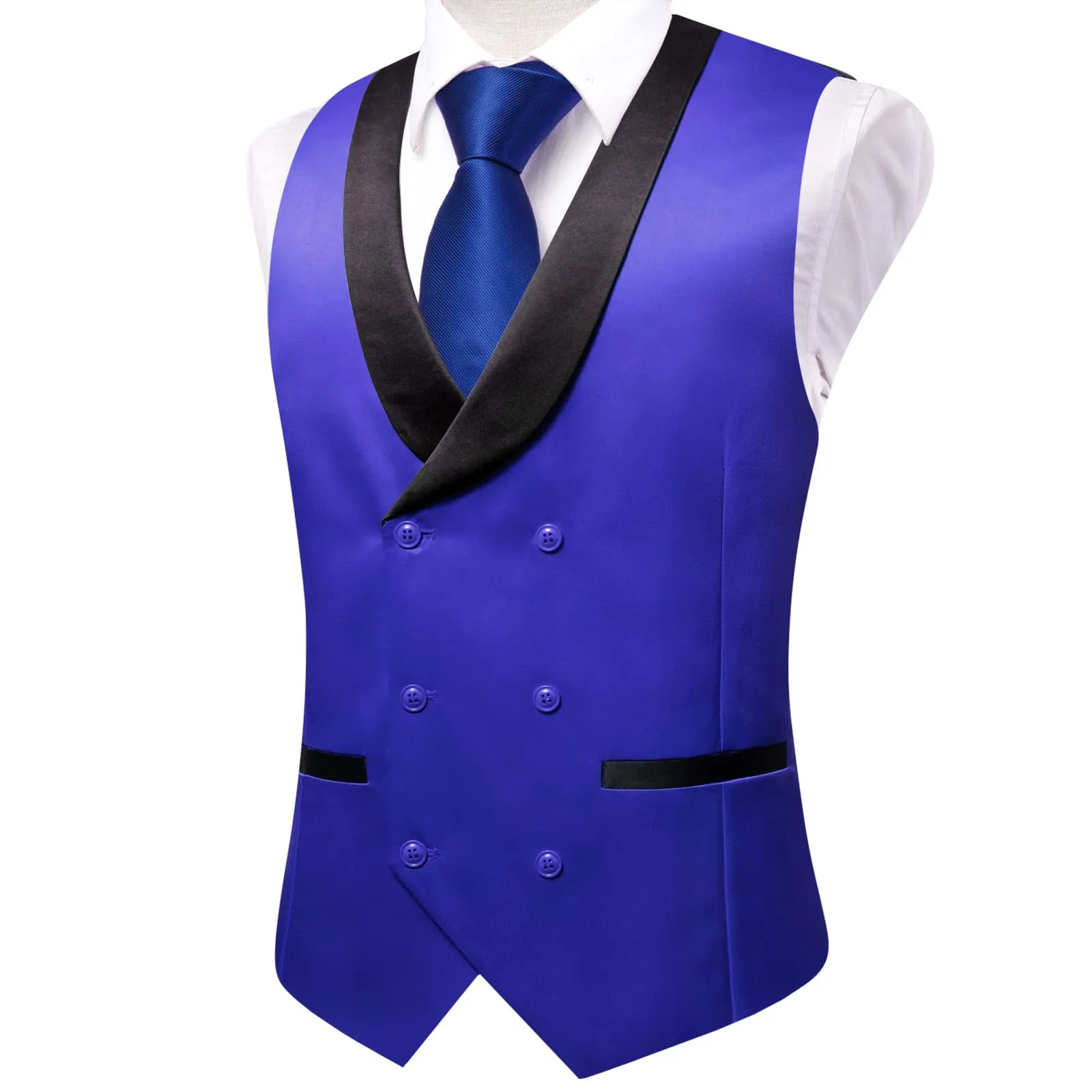 Hi-Tie Men Vest Klein Blue Double Breasted Black Shawl Lapel Waistcoat