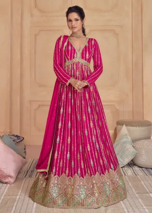 Hot Pink Real Georgette Embroidered Long Anarkali Gown