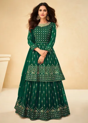 Long Kurti Style Green Georgette Embroidered Lehenga Suit