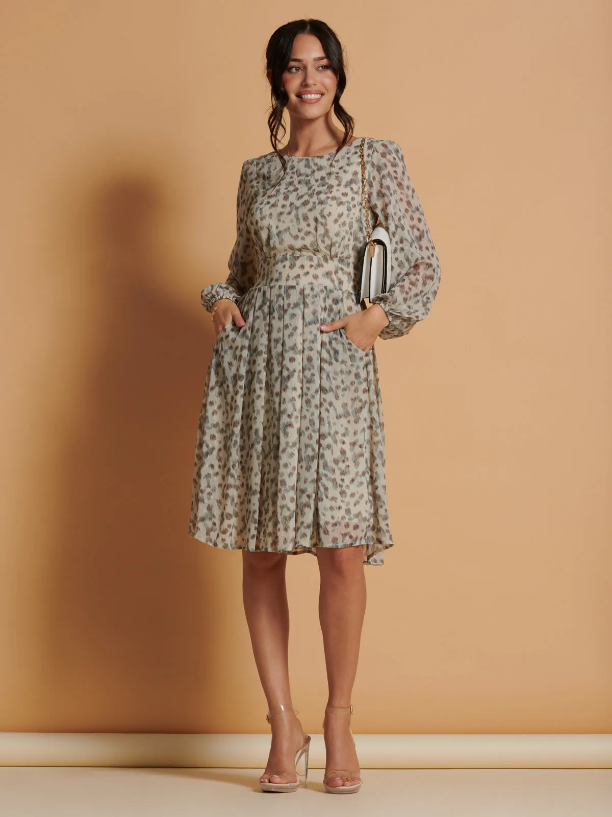 Long Sleeve Chiffon Midi Dress, Animal Multi