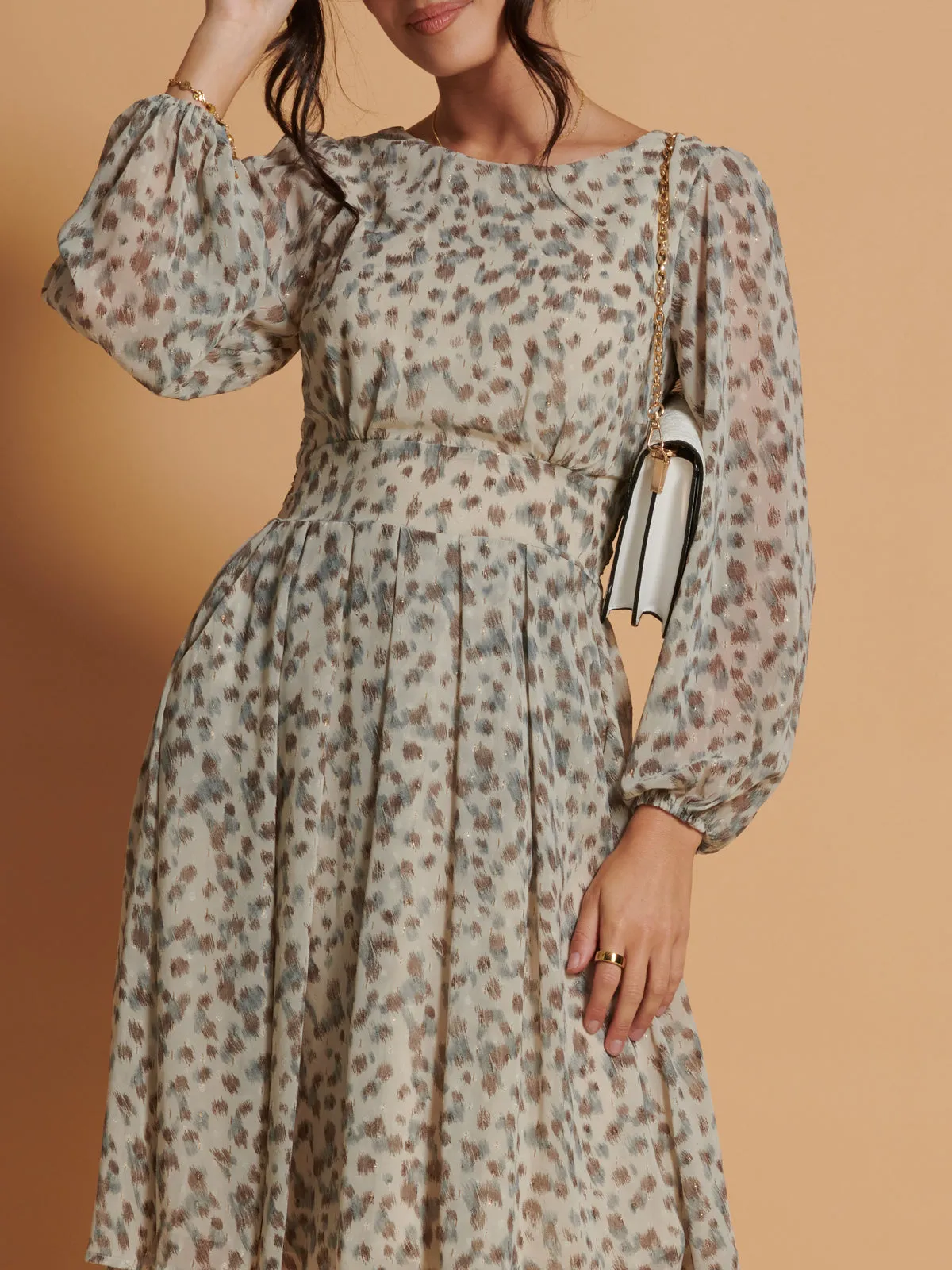 Long Sleeve Chiffon Midi Dress, Animal Multi