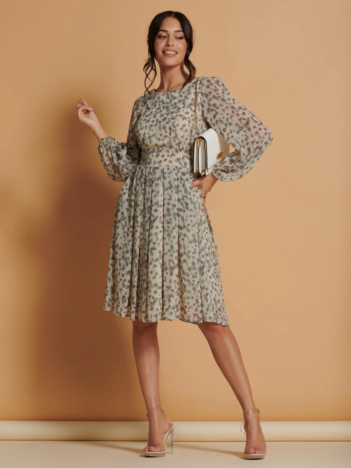 Long Sleeve Chiffon Midi Dress, Animal Multi