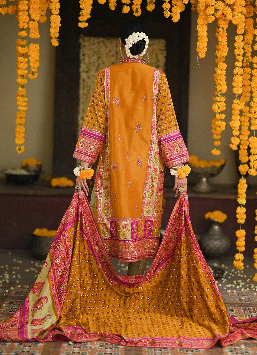 Lumi bright mustard embellished kurta and block printed dupatta