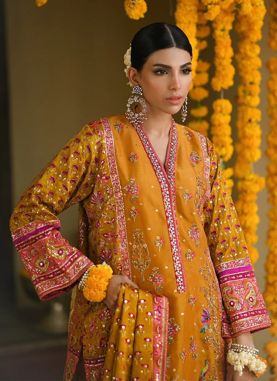 Lumi bright mustard embellished kurta and block printed dupatta