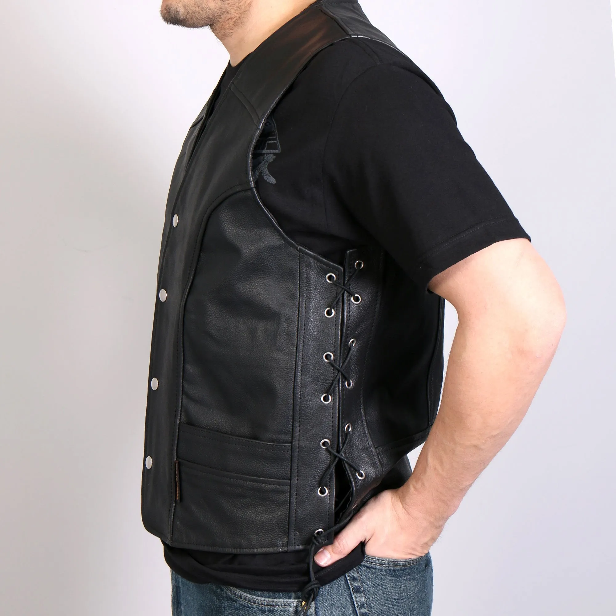 Men's Leather Vest w/ Front Snaps and Side Lace, VSM1030-HL