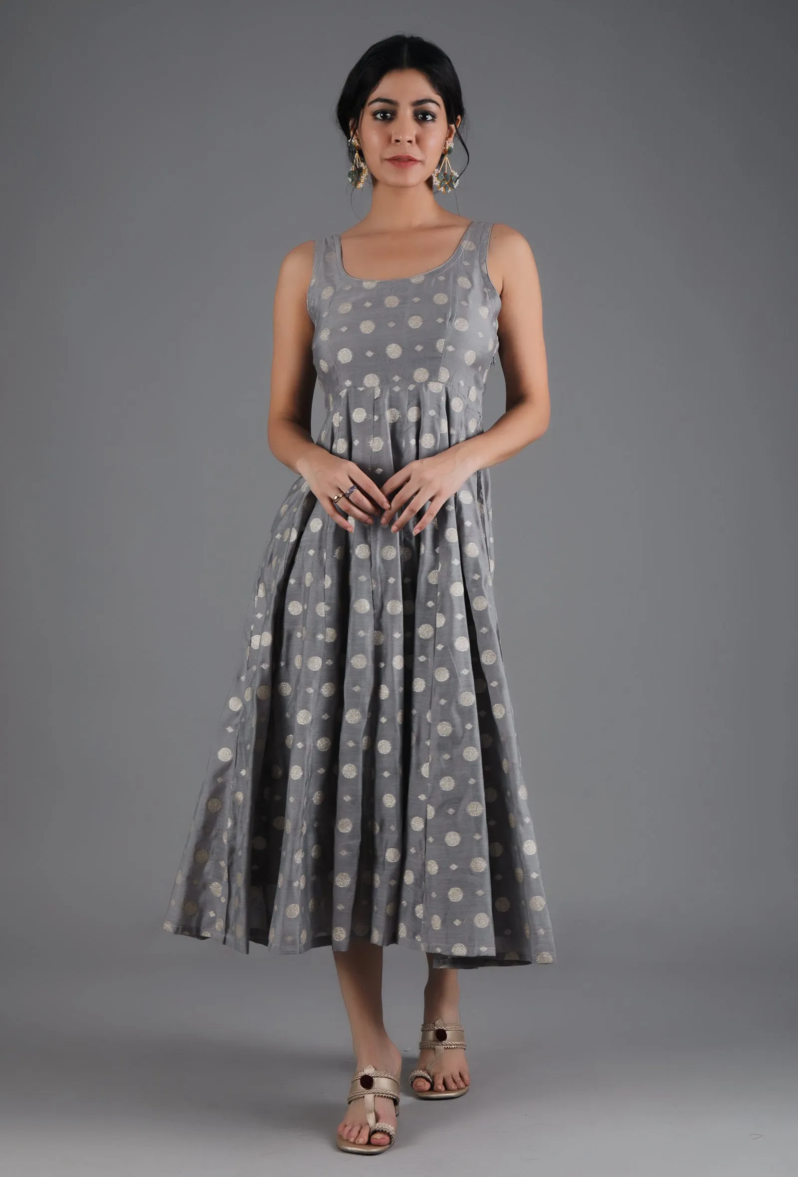 Metal Grey Chanderi Jacquard Sleeveless Dress