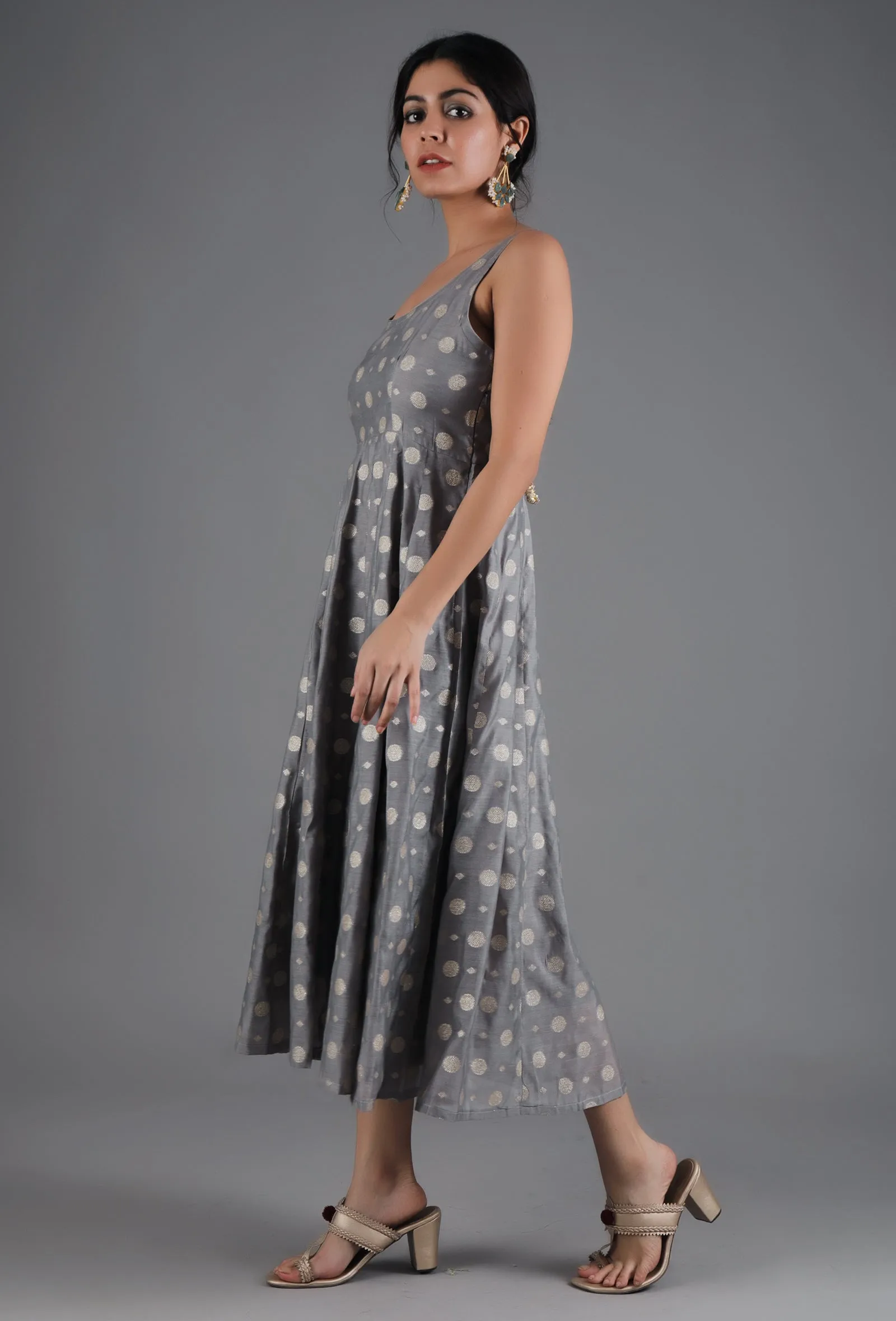 Metal Grey Chanderi Jacquard Sleeveless Dress