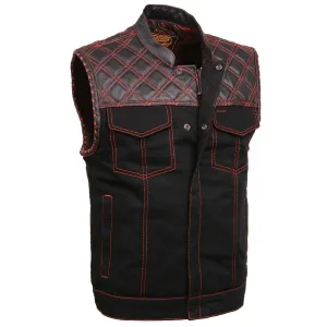 Milwaukee Leather MDM3036 Men's 'Wrecker' Black Denim and Leather Club Style Vest w/ Diamond Quilt Design