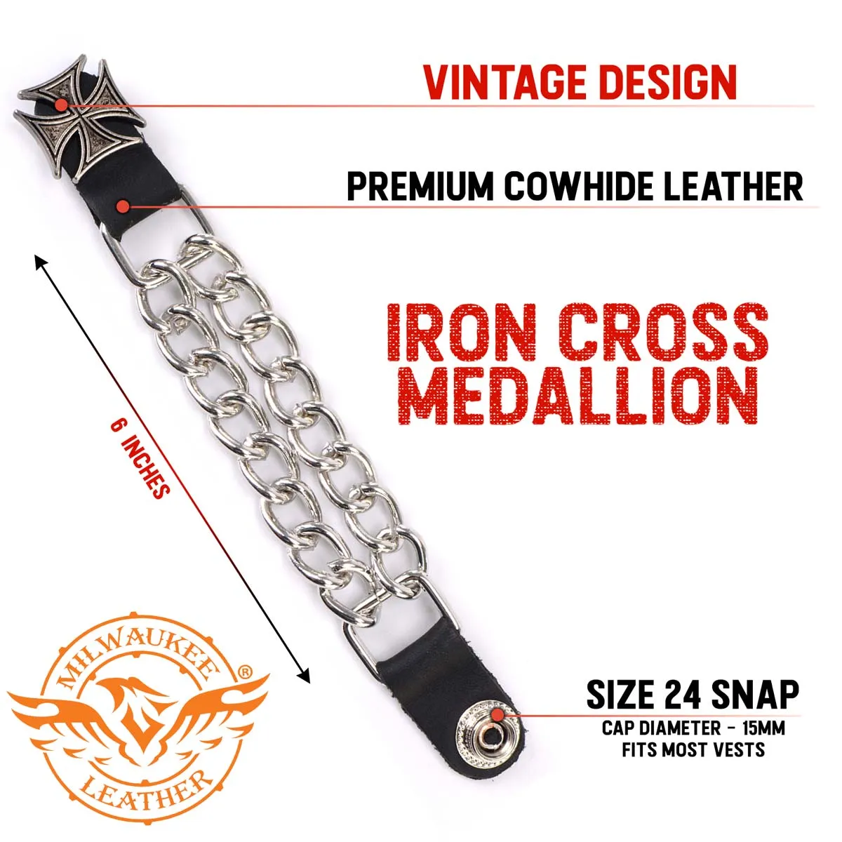 Milwaukee Leather MLA1045-Single Iron Cross Vest Extender Double Chrome Chains w/ Genuine Leather 6" Extension