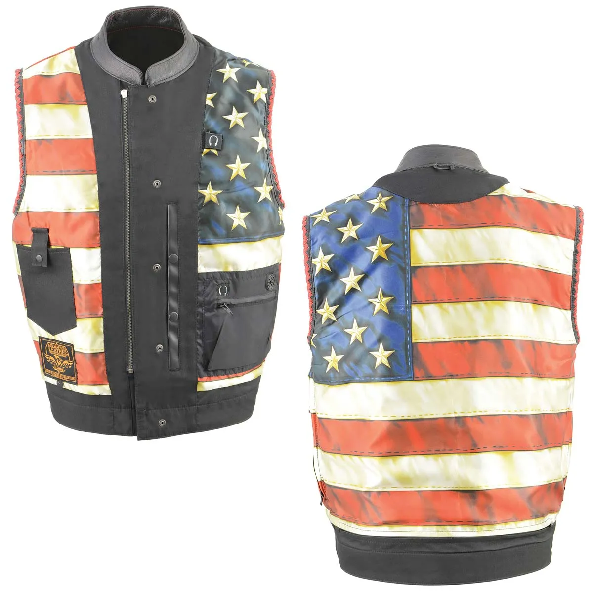 Milwaukee Leather MLM3506 Men's Black Naked Leather Vest - Old Glory Laced Armholes Red Stitching Club Style Vest