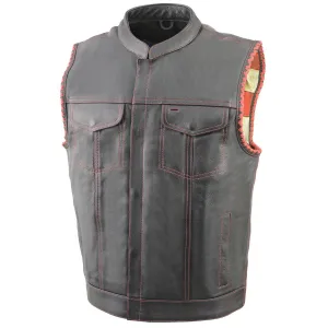 Milwaukee Leather MLM3506 Men's Black Naked Leather Vest - Old Glory Laced Armholes Red Stitching Club Style Vest