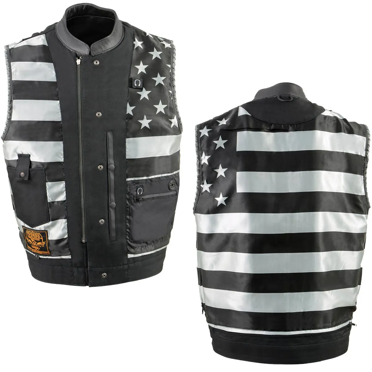 Milwaukee Leather MLM3507 Men's Old Glory Black Naked Leather Club Style Vest w/ Grey Stitching Laced Armholes