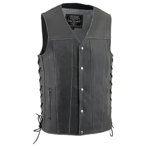 Milwaukee Leather MLM3521 Men's Distress Grey Leather Vest - V-Neck Straight Bottom Side Lace Motorcycle Rider Vest