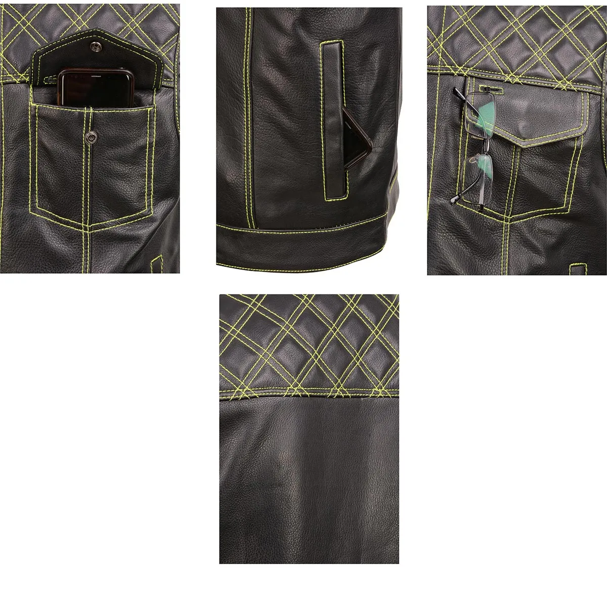 Milwaukee Leather MLM3528 Men's Black 'Paisley' Accented Neon Green Stitching Leather Vest w/Armhole Trim