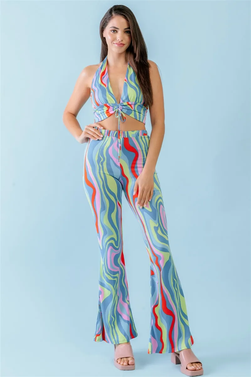 Multicolor Abstract Print Halter V-neck Ruched Open Back Crop Top & High Waist Pants Set - Ships from The US