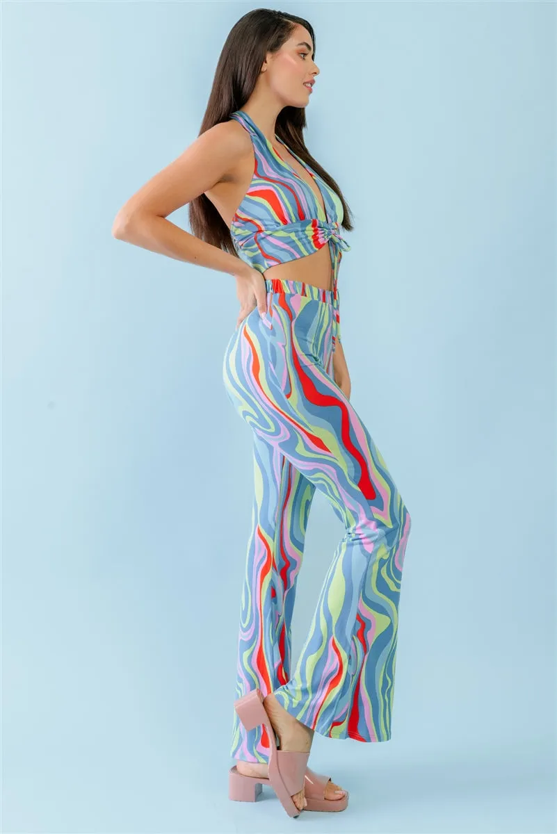 Multicolor Abstract Print Halter V-neck Ruched Open Back Crop Top & High Waist Pants Set - Ships from The US