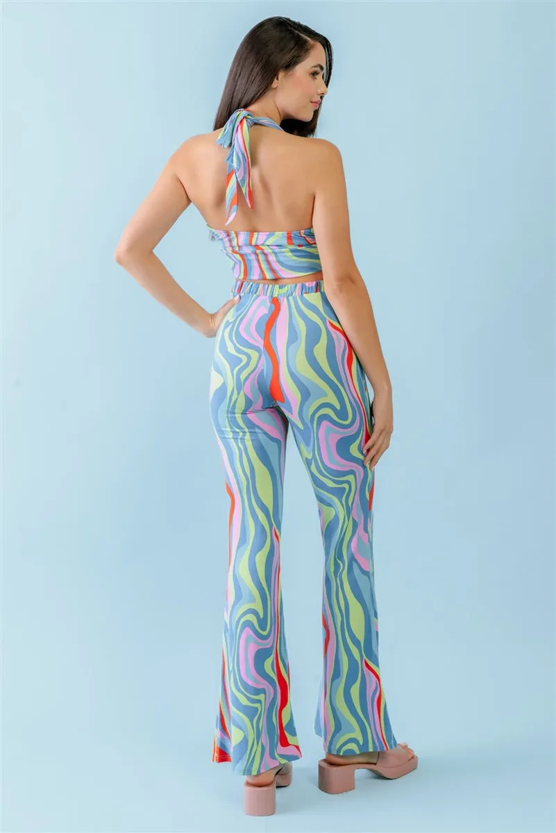 Multicolor Abstract Print Halter V-neck Ruched Open Back Crop Top & High Waist Pants Set - Ships from The US