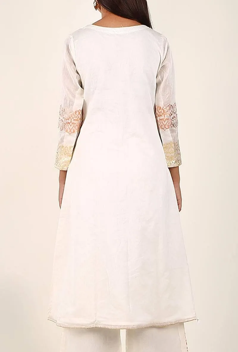 Off White Gold Foil Print Chanderi Kurta